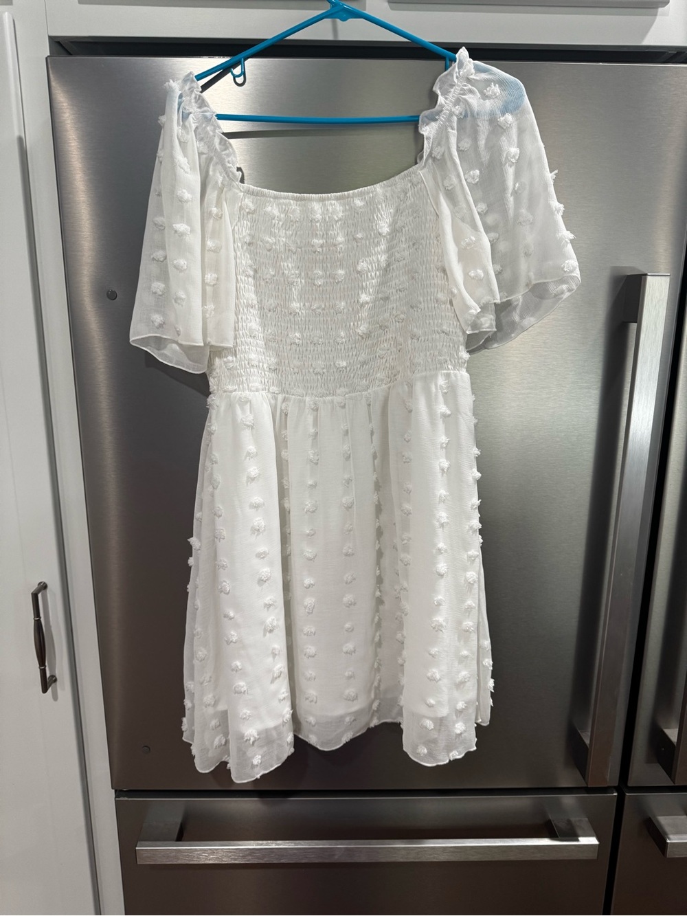 White Swiss Dot Smocked Mini Dress with Puff Sleeves